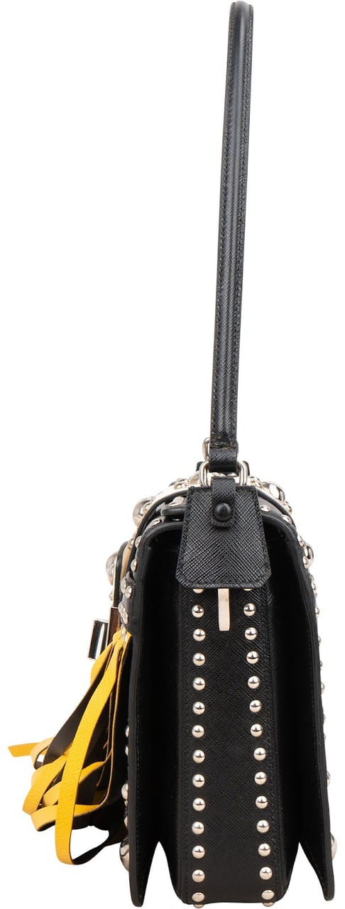 Prada Saffiano Leather Studded Fringe Turnlock Cahier Shoulder Bag Zwart