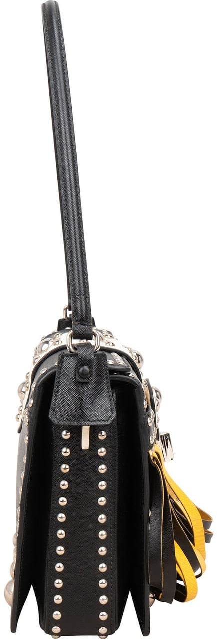 Prada Saffiano Leather Studded Fringe Turnlock Cahier Shoulder Bag Zwart