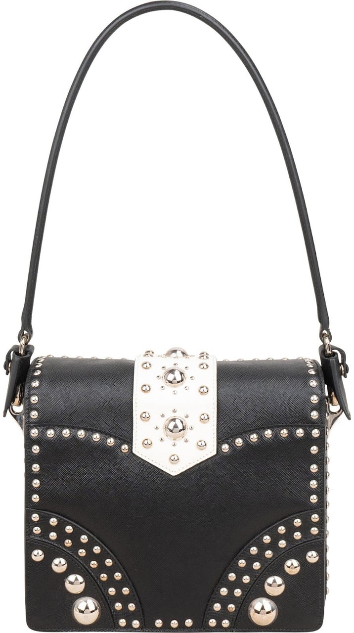 Prada Saffiano Leather Studded Fringe Turnlock Cahier Shoulder Bag Zwart