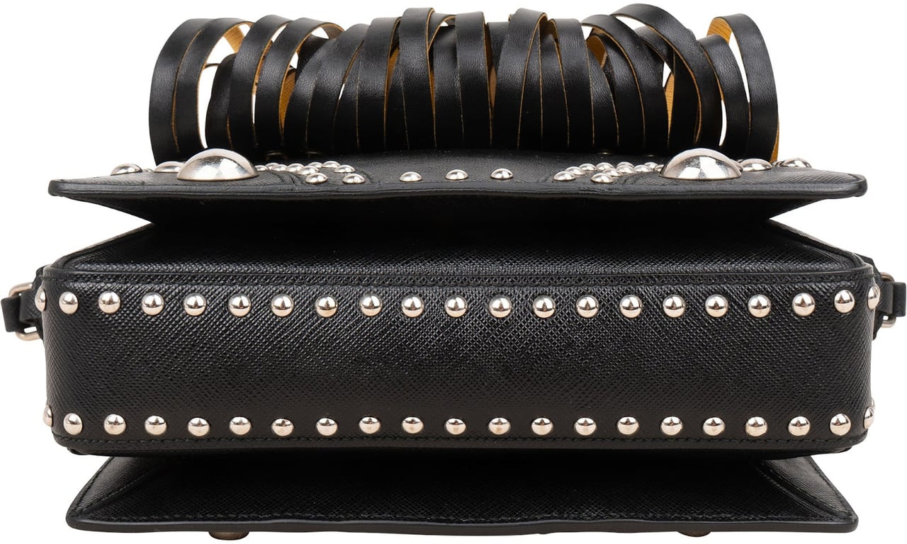 Prada Saffiano Leather Studded Fringe Turnlock Cahier Shoulder Bag Zwart