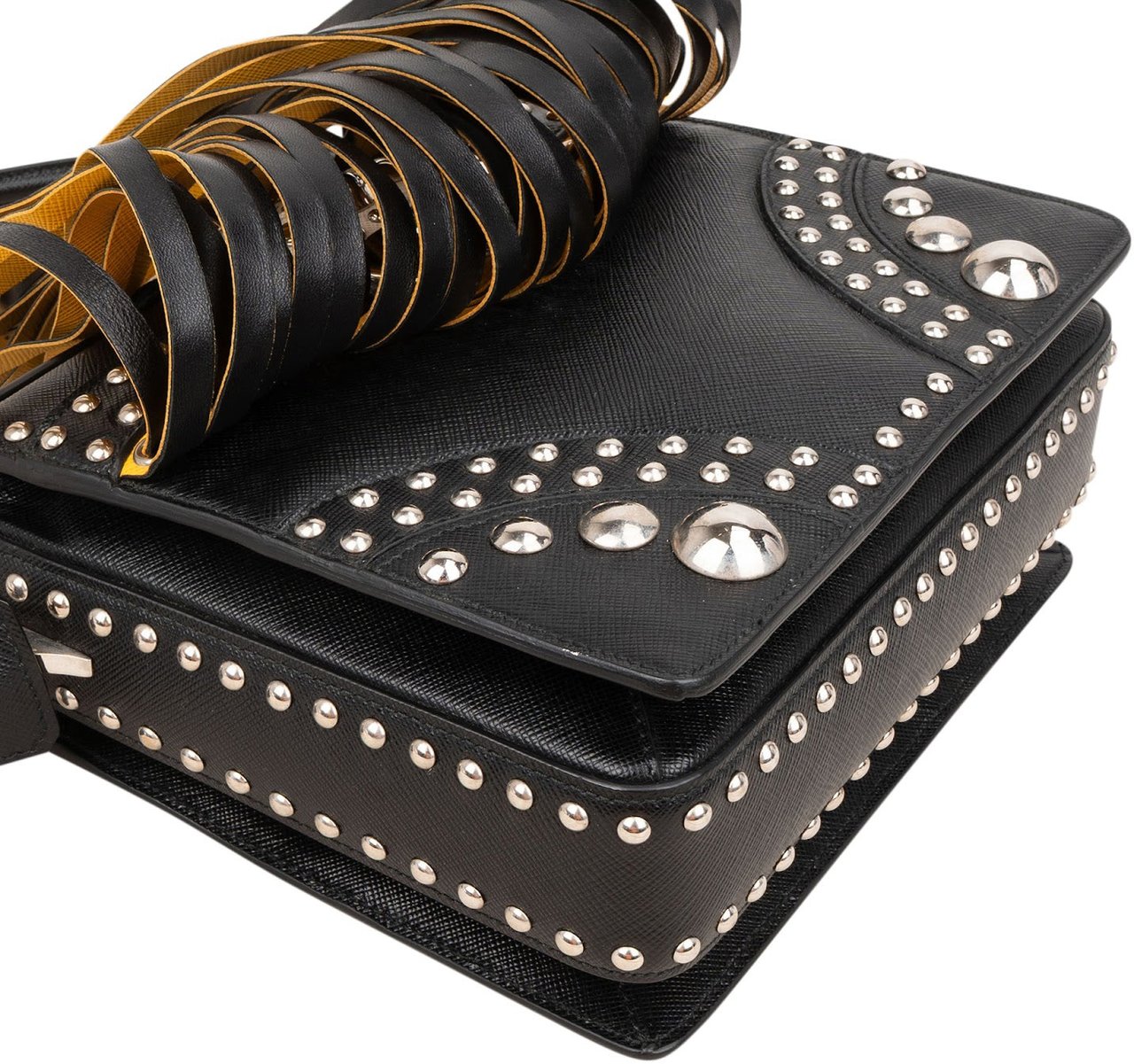 Prada Saffiano Leather Studded Fringe Turnlock Cahier Shoulder Bag Zwart