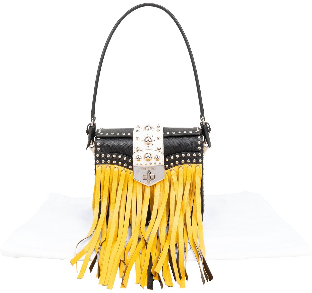 Prada Saffiano Leather Studded Fringe Turnlock Cahier Shoulder Bag Zwart