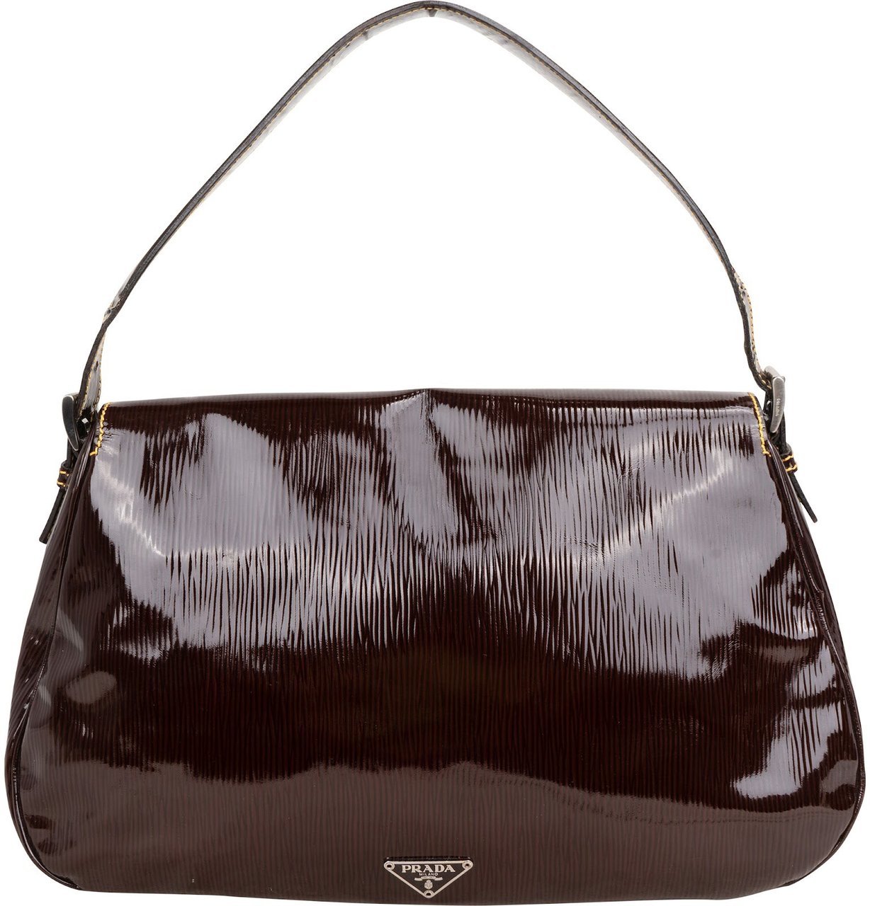Prada Brown Vernice Saffiano Leder Saddle Flap Shoulder Bag Bruin