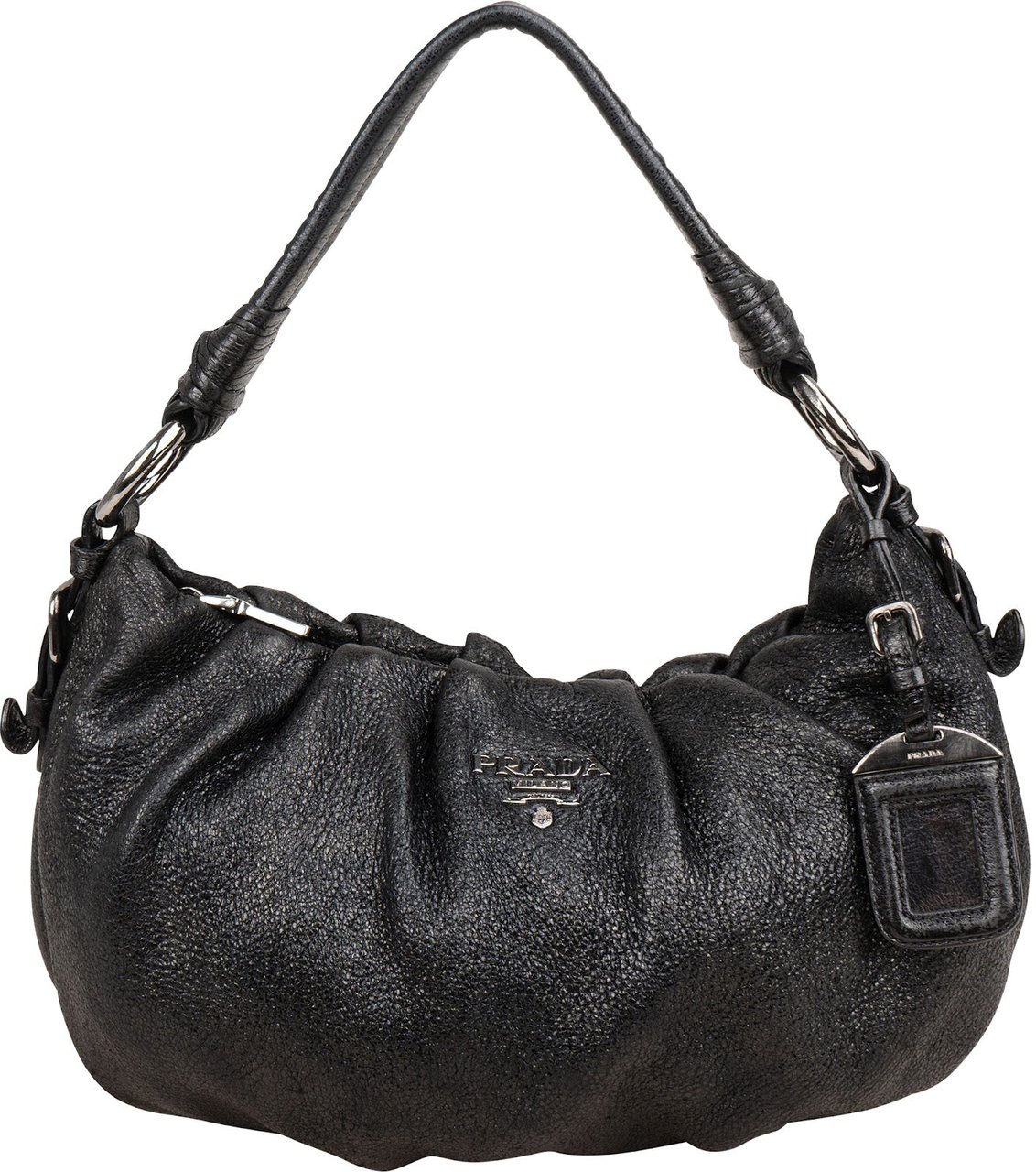Prada Vitello Daino Ruched Hobo Shoulder Bag Zwart