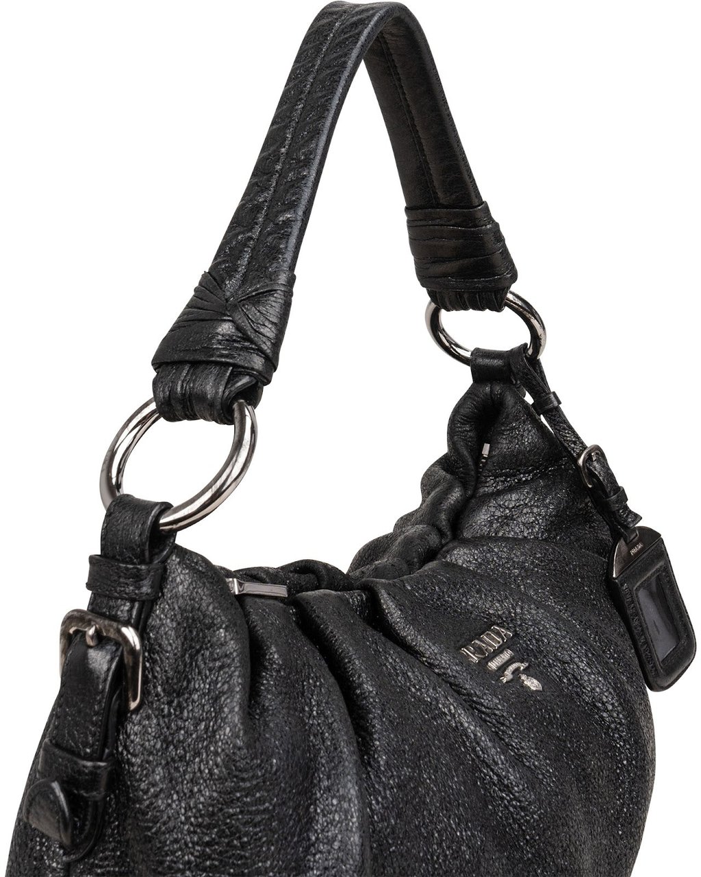 Prada Vitello Daino Ruched Hobo Shoulder Bag Zwart