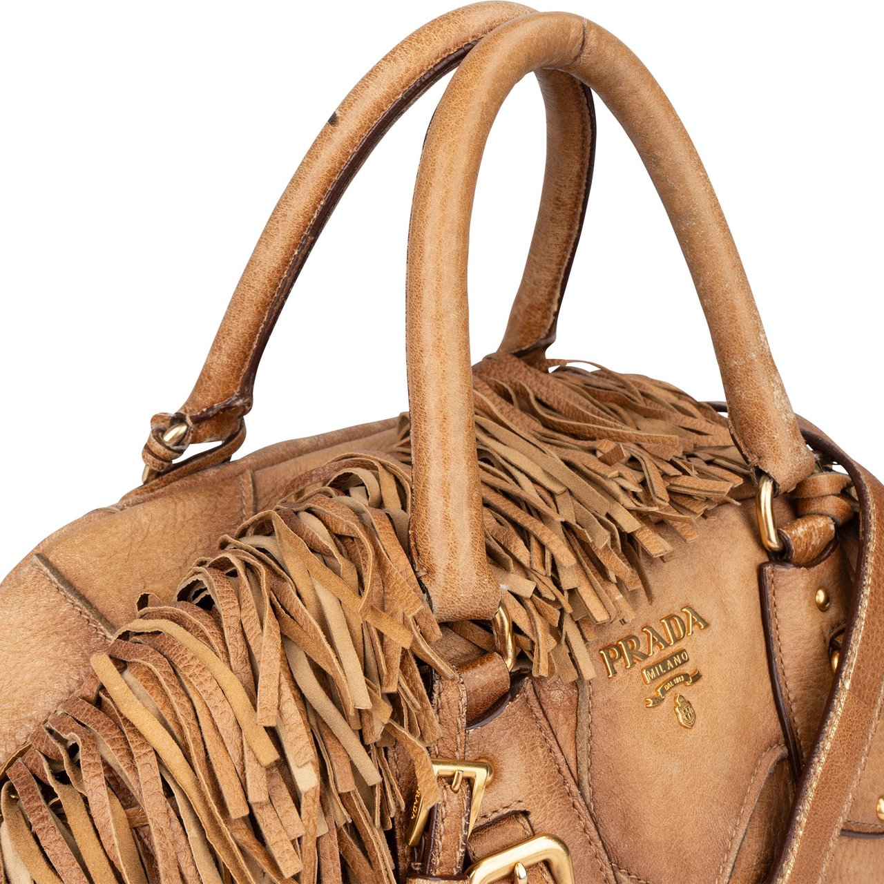 Prada Prada Cervo Patch Leather Rodeo Handbag Bruin