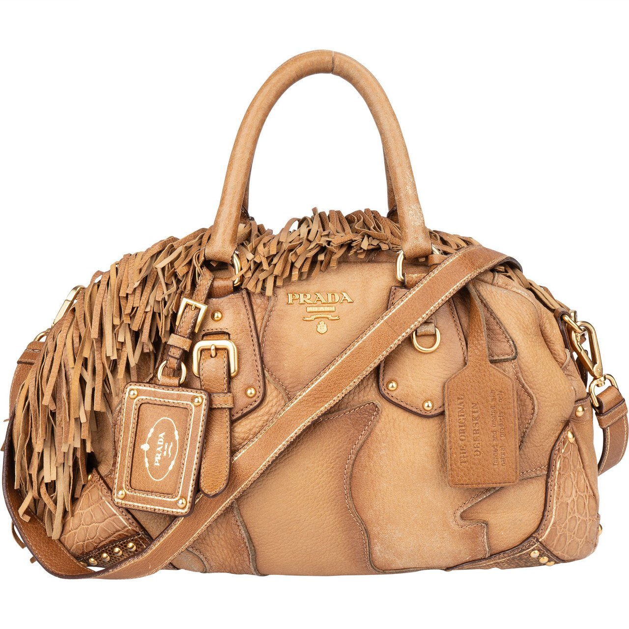 Prada Prada Cervo Patch Leather Rodeo Handbag Bruin