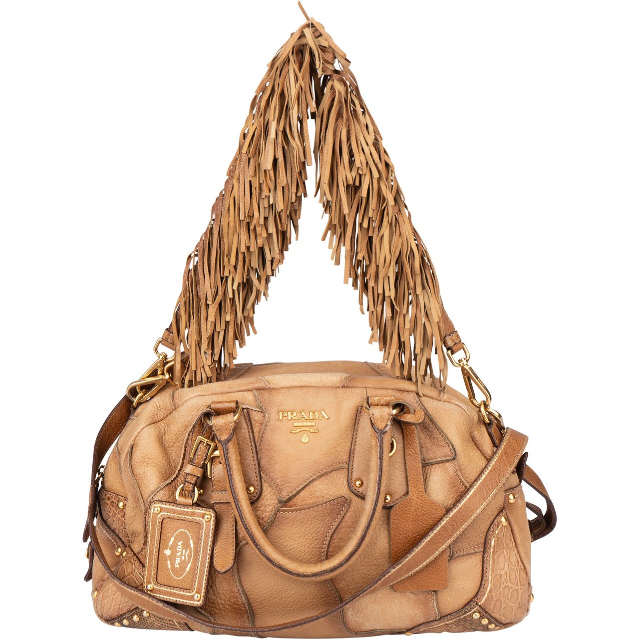 Prada Prada Cervo Patch Leather Rodeo Handbag Bruin