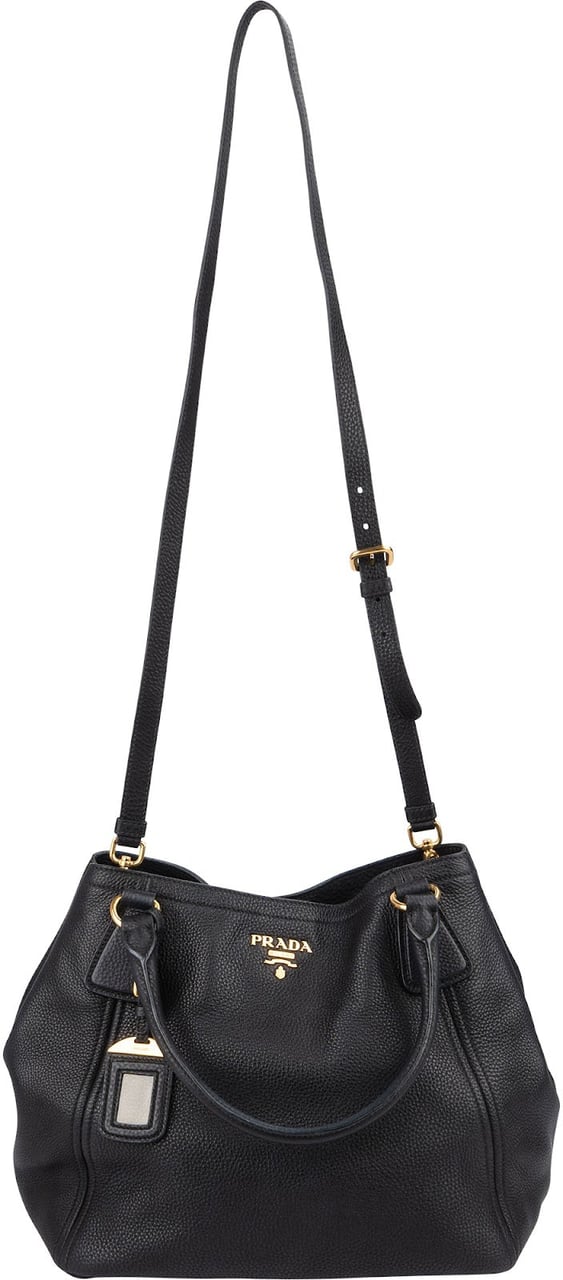 Prada Vitello Daino Leather Hobo Tote Handbag Zwart