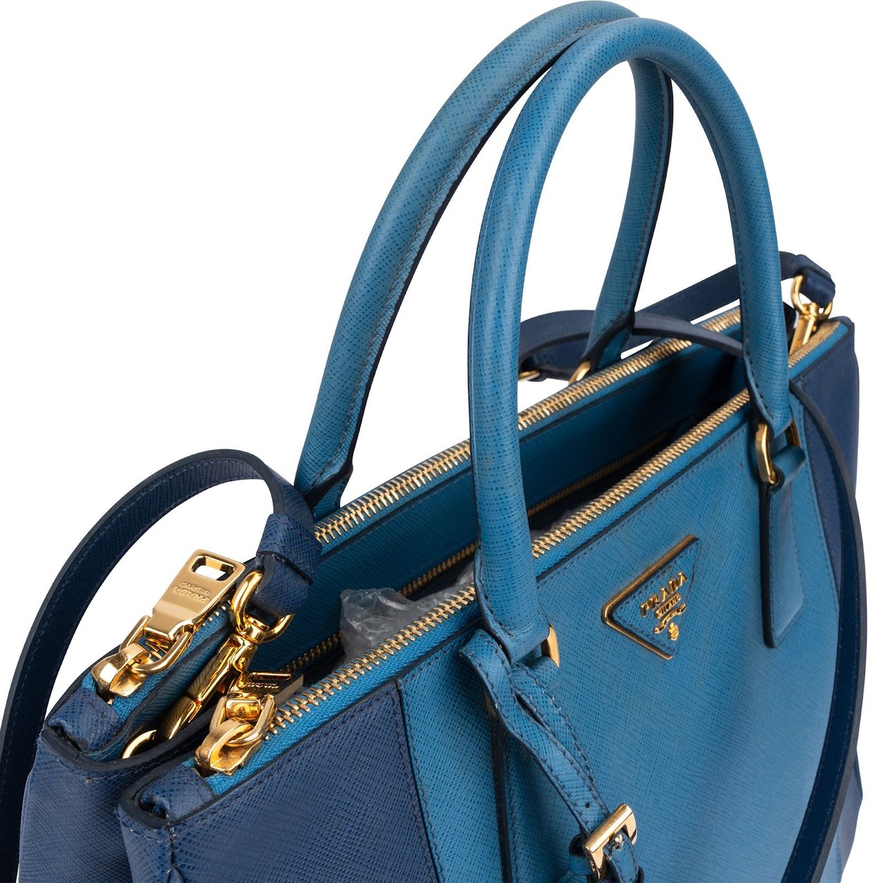 Prada Two Tone Saffiano Leather Galleria Handbag Blauw