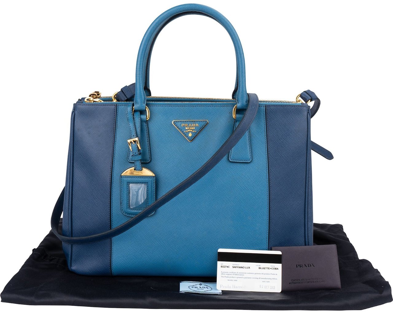 Prada Two Tone Saffiano Leather Galleria Handbag Blauw