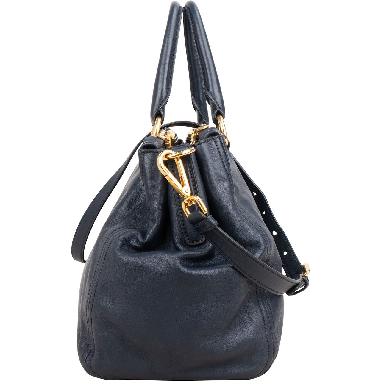 Prada Soft Calf Leather Bauletto Satchel Handbag Navy