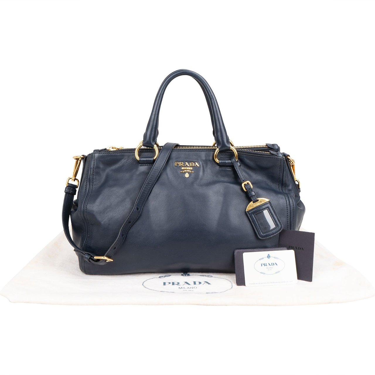 Prada Soft Calf Leather Bauletto Satchel Handbag Navy