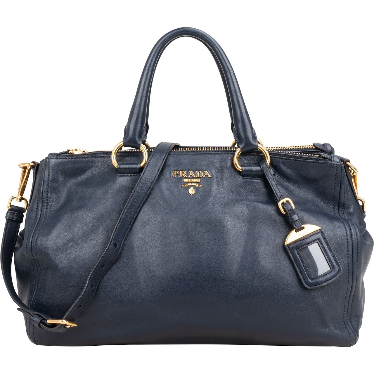 Prada Soft Calf Leather Bauletto Satchel Handbag Navy