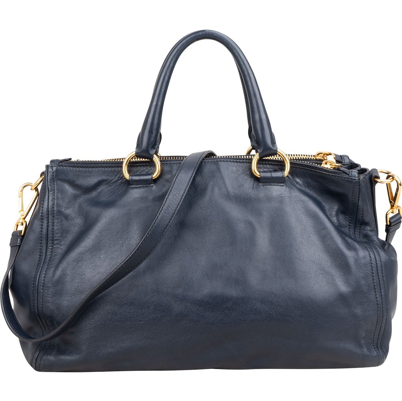 Prada Soft Calf Leather Bauletto Satchel Handbag Navy