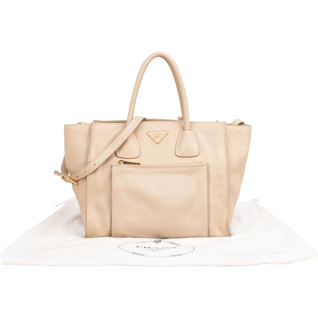 Prada Vitello Daino Leather Twin Pocket Luggage Shopper Handbag Beige