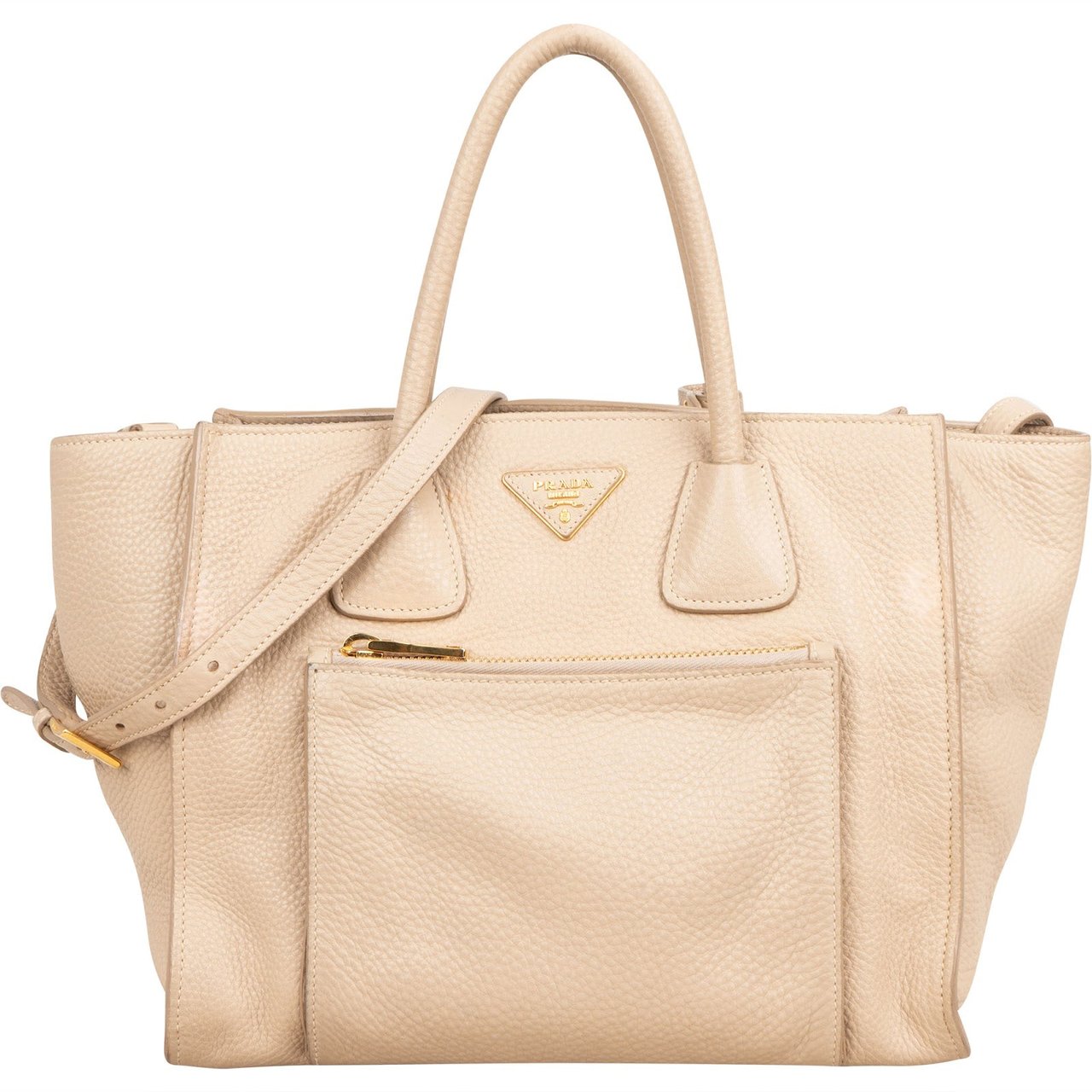 Prada Vitello Daino Leather Twin Pocket Luggage Shopper Handbag Beige