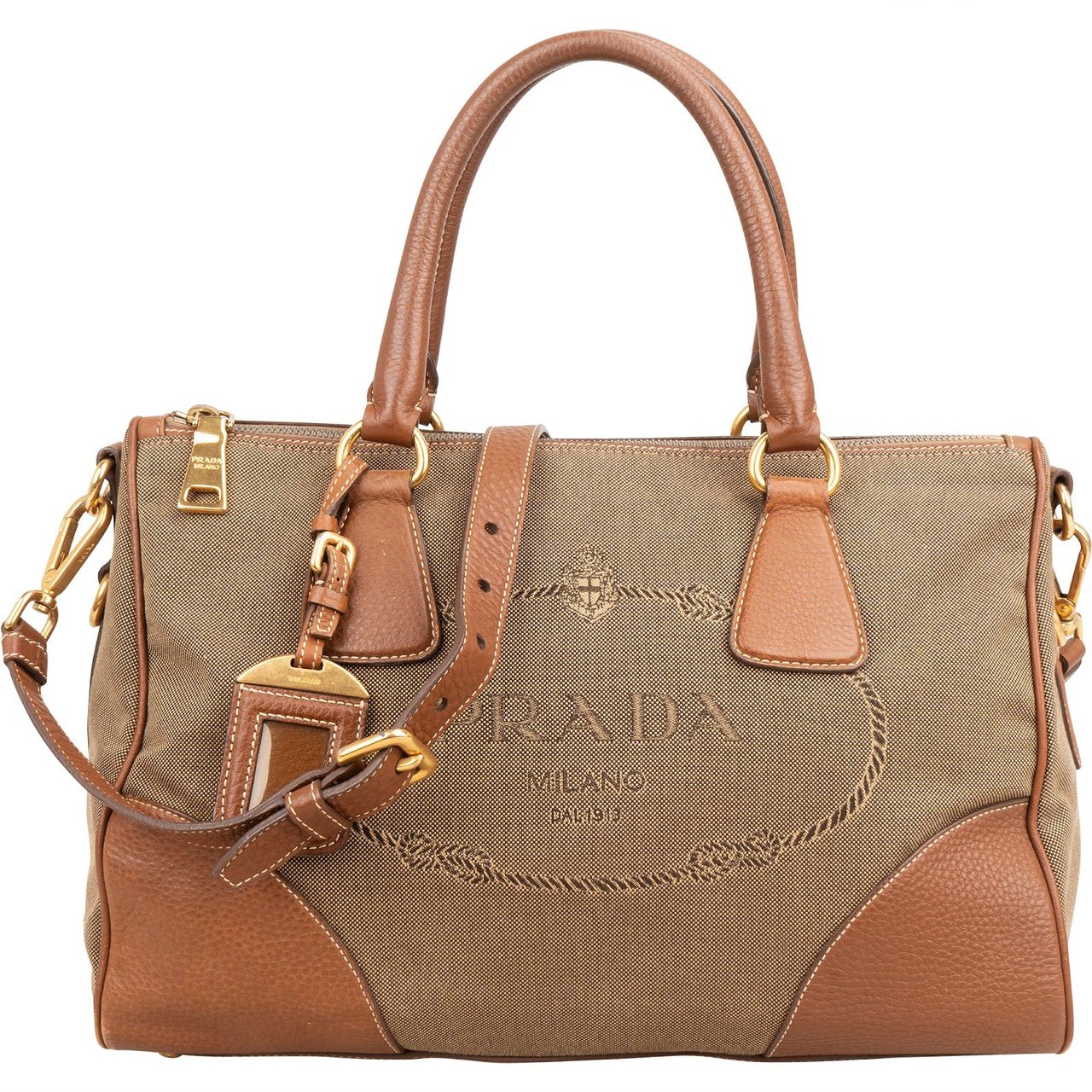 Prada Emblem Jacquard Bauletto Handbag Beige