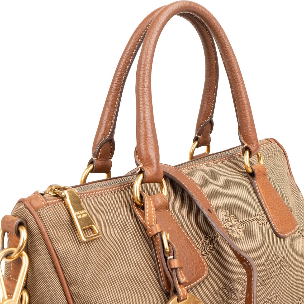 Prada Emblem Jacquard Bauletto Handbag Beige