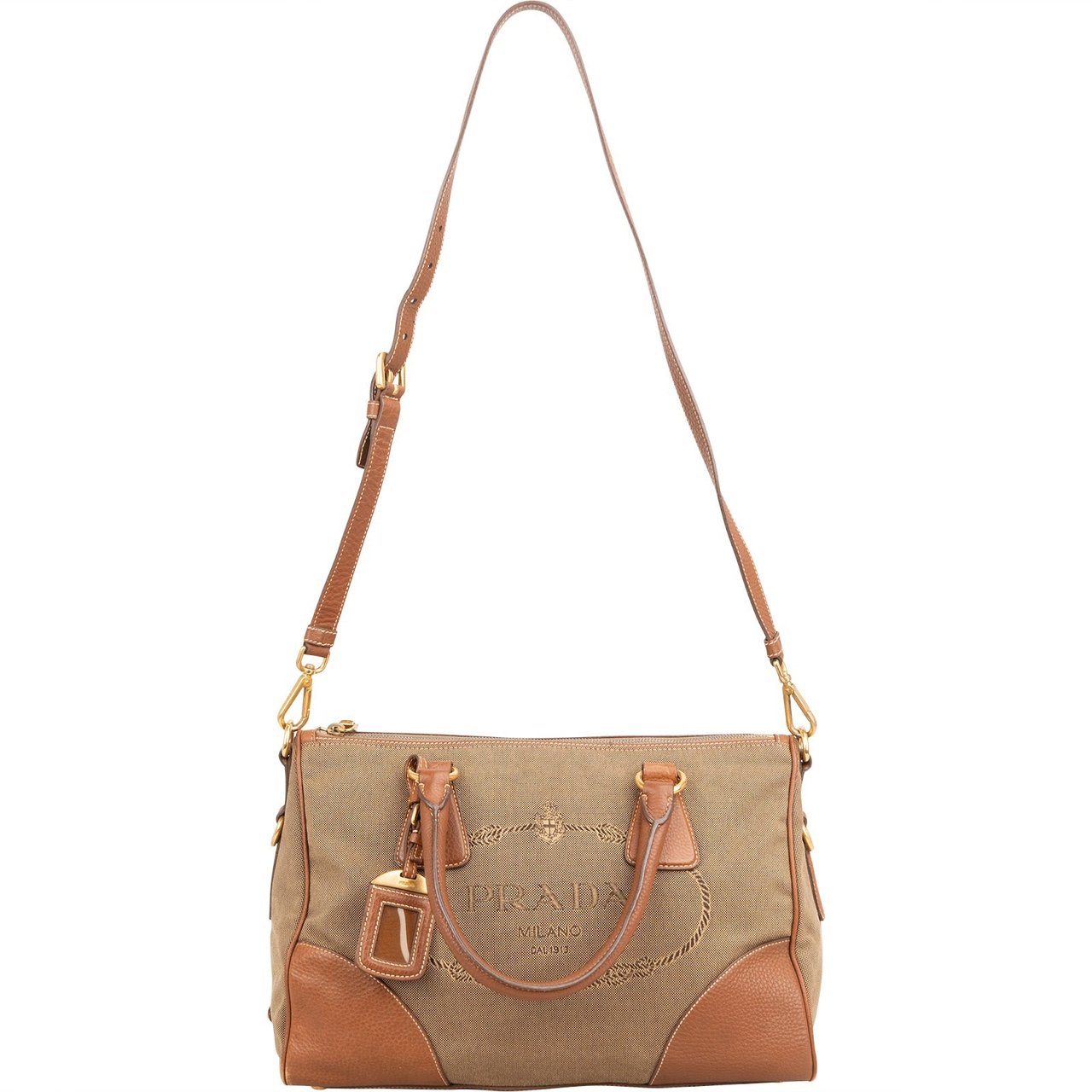 Prada Emblem Jacquard Bauletto Handbag Beige