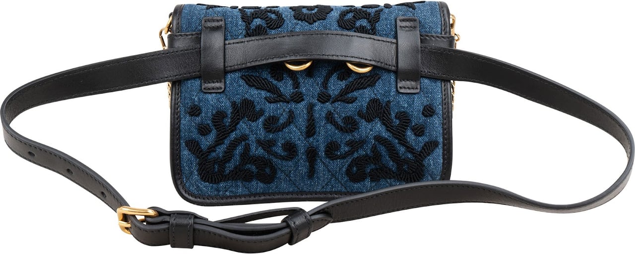 Prada Multicolor Embroidered Denim Cahier Belt Crossbody Bag Blauw