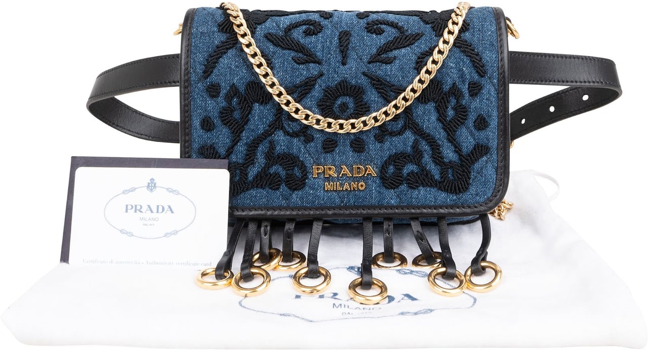 Prada Multicolor Embroidered Denim Cahier Belt Crossbody Bag Blauw