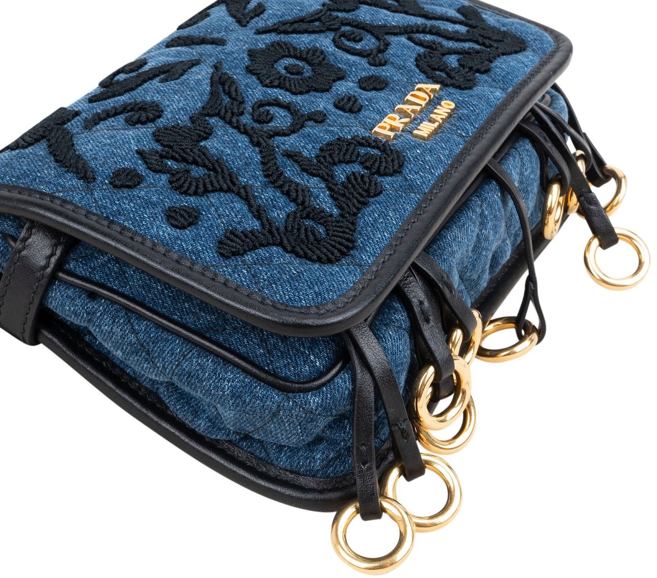Prada Multicolor Embroidered Denim Cahier Belt Crossbody Bag Blauw