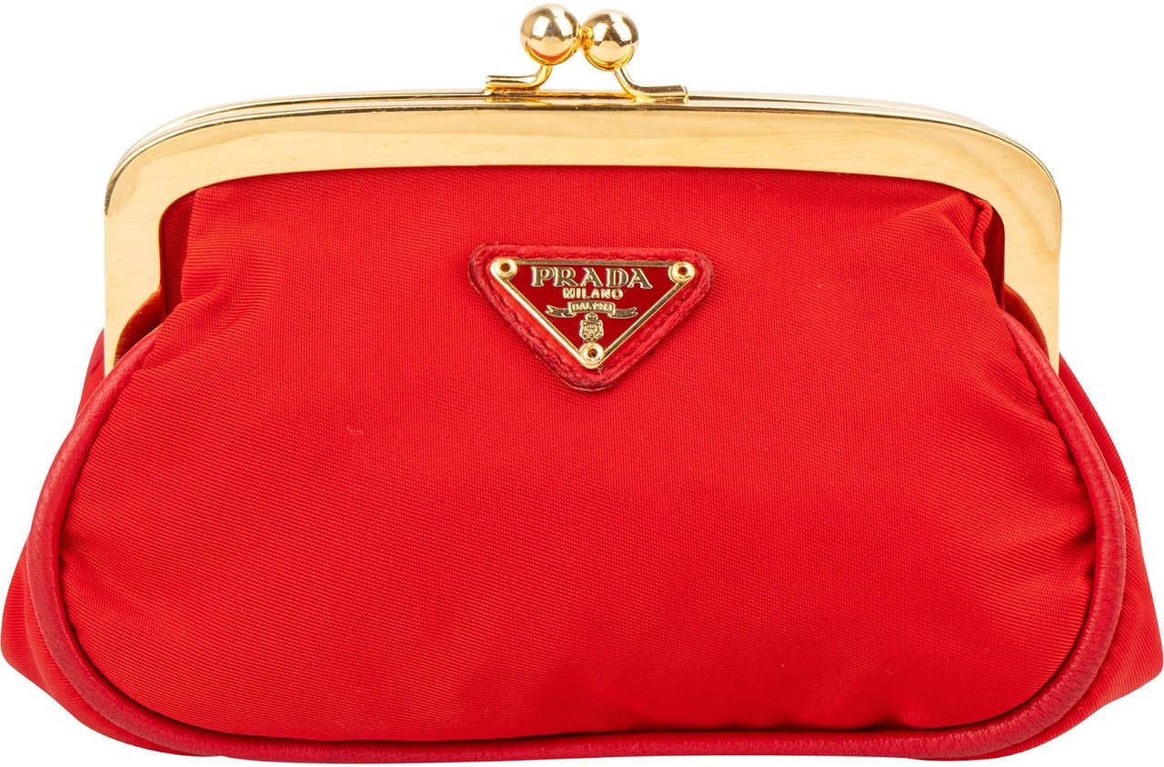 Prada Red Tessuto Triangel Kiss-Lock Coin Wallet Rood