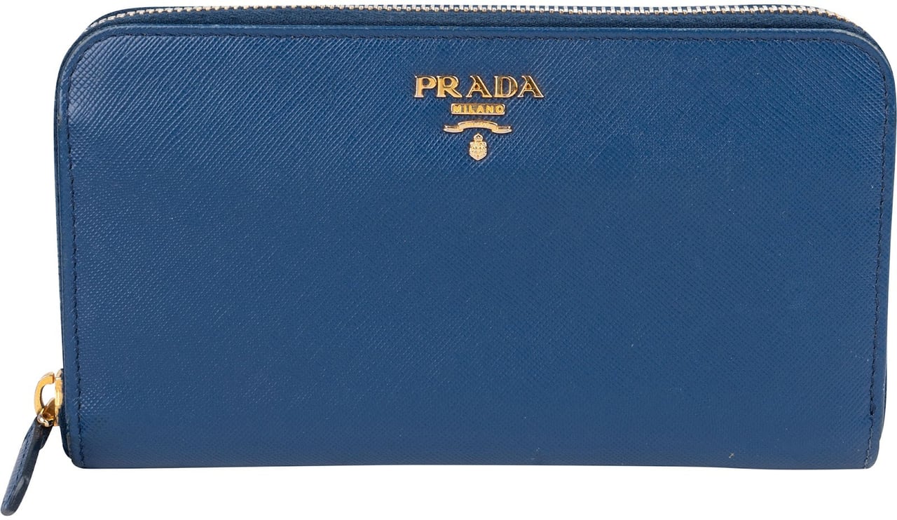 Prada Blue Saffiano Leather Zip Around Wallet Blauw