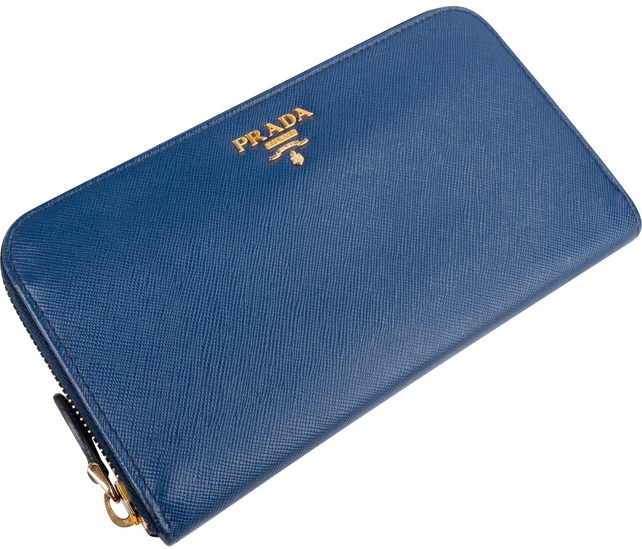 Prada Blue Saffiano Leather Zip Around Wallet Blauw
