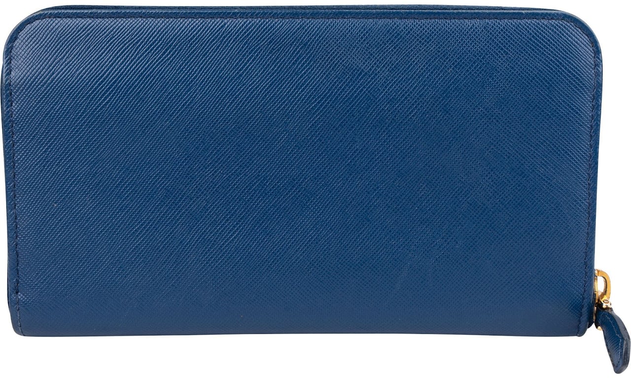 Prada Blue Saffiano Leather Zip Around Wallet Blauw