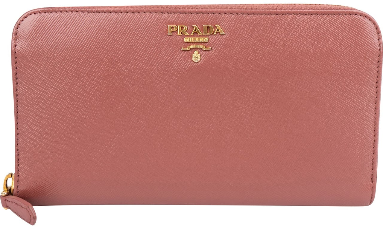 Prada Pink Saffiano Leather Zip Around Wallet Rood