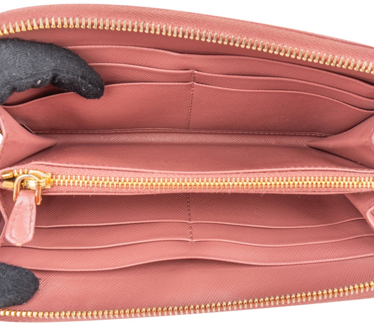 Prada Pink Saffiano Leather Zip Around Wallet Rood
