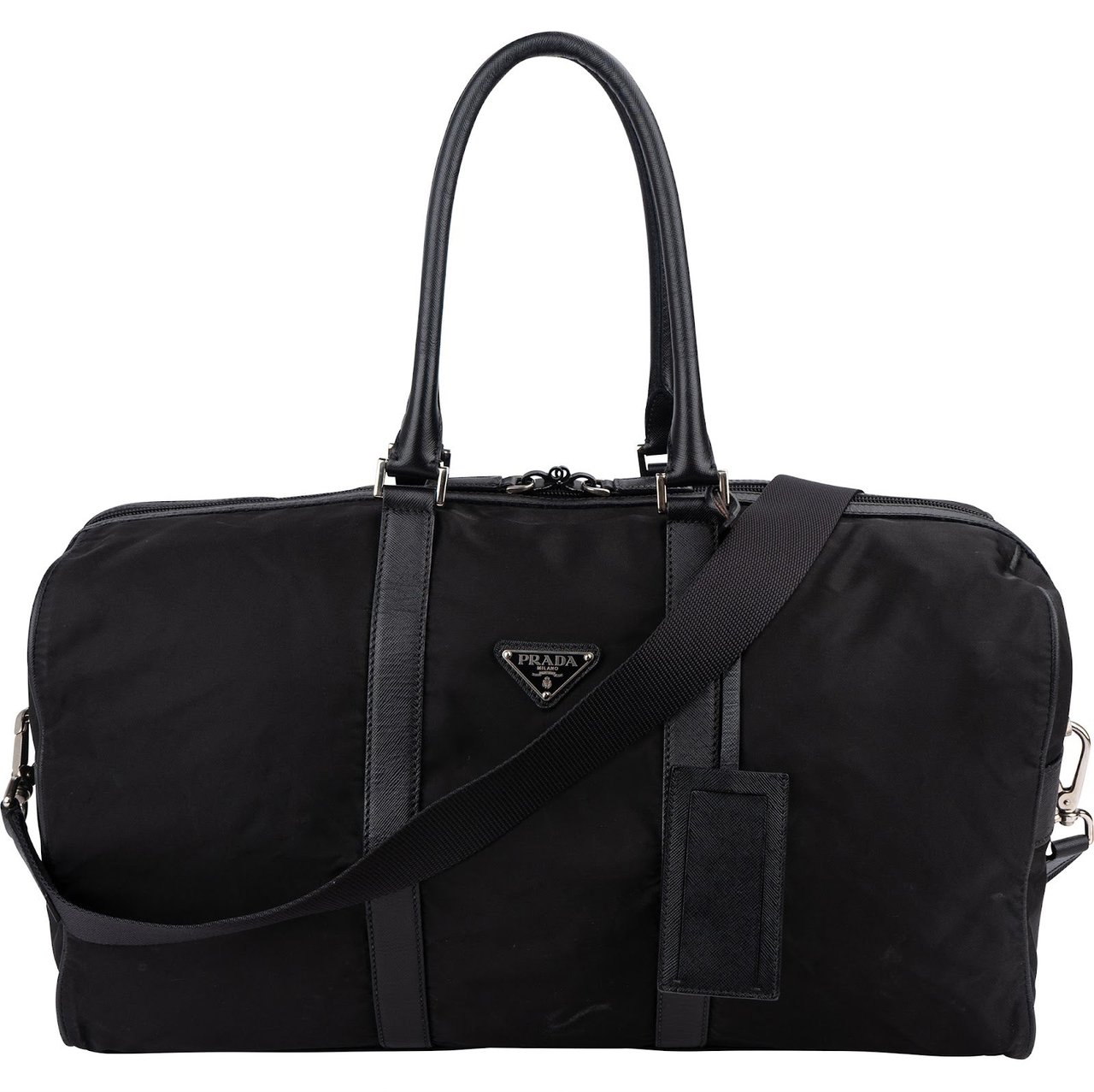 Prada Tessuto Nylon Saffiano Leather Duffle 50 Travel Bag Zwart