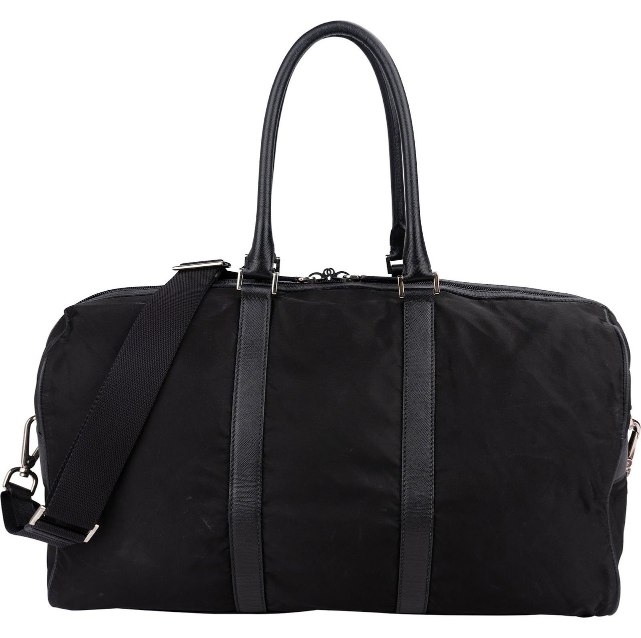 Prada Tessuto Nylon Saffiano Leather Duffle 50 Travel Bag Zwart