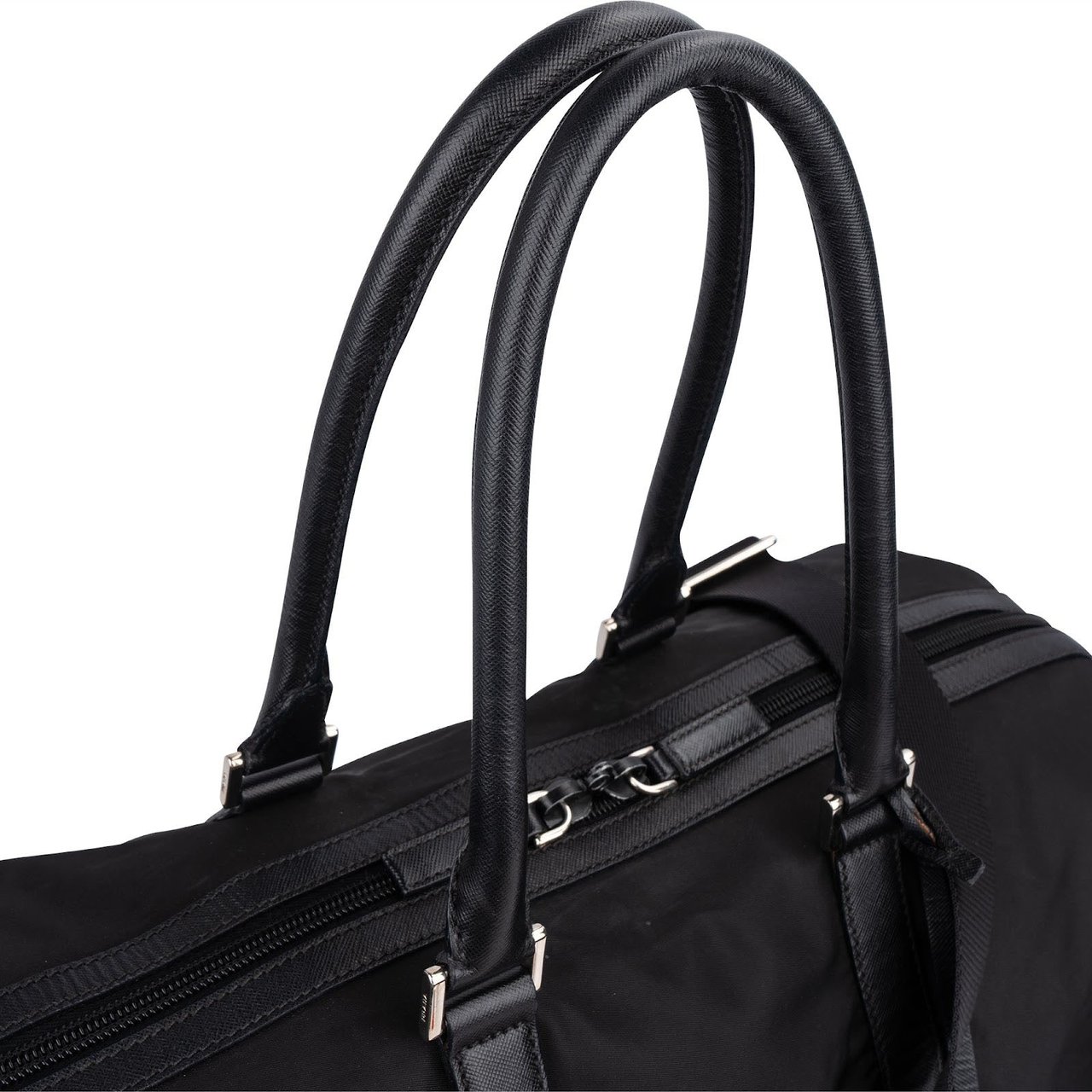 Prada Tessuto Nylon Saffiano Leather Duffle 50 Travel Bag Zwart