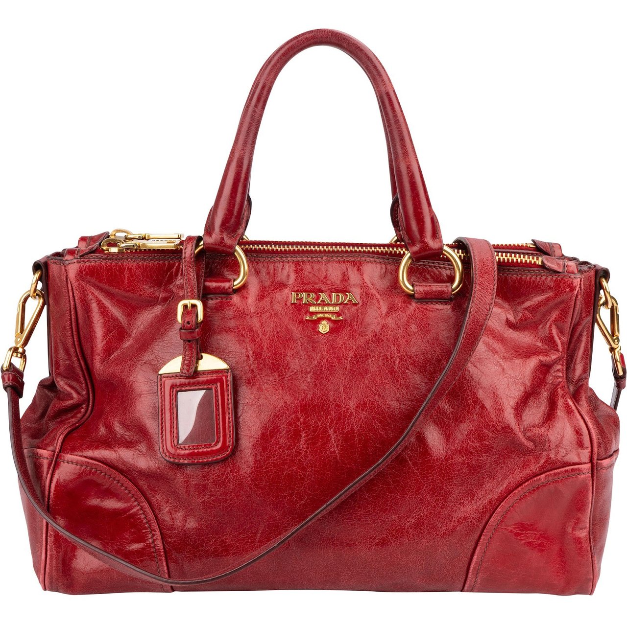 Prada Vitello Antic Leather Bauletto Handbag Rood