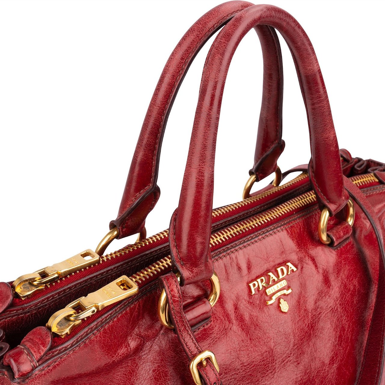 Prada Vitello Antic Leather Bauletto Handbag Rood