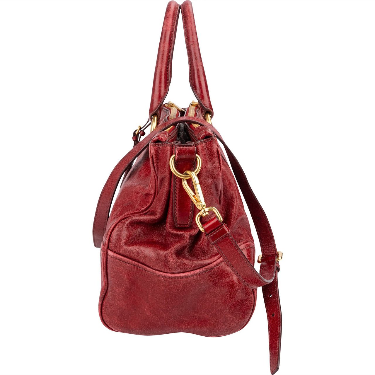 Prada Vitello Antic Leather Bauletto Handbag Rood