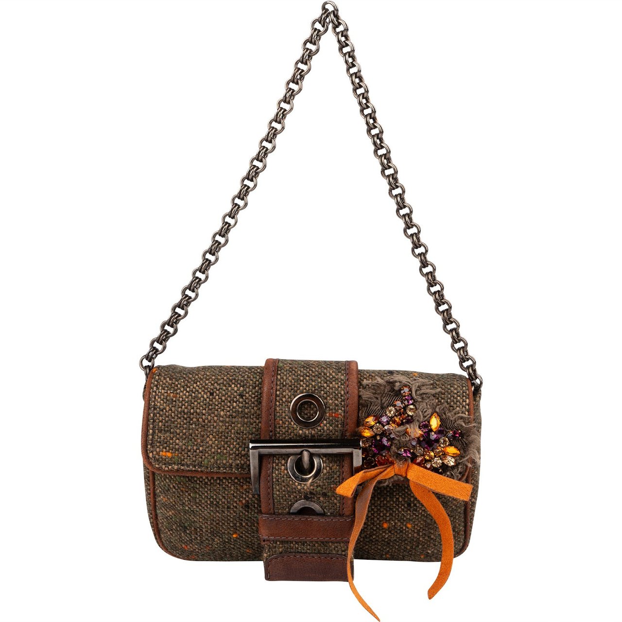 Prada Tweed Ricamo Visone Mini Flap Shoulder Bag Bruin