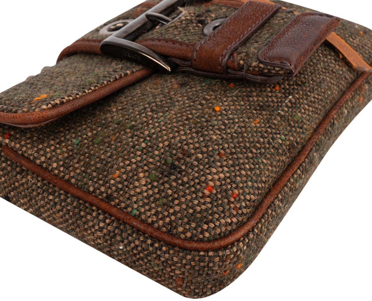Prada Tweed Ricamo Visone Mini Flap Shoulder Bag Bruin