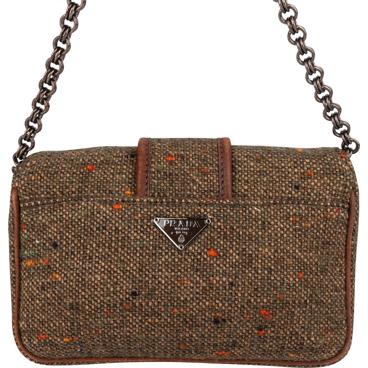 Prada Tweed Ricamo Visone Mini Flap Shoulder Bag Bruin