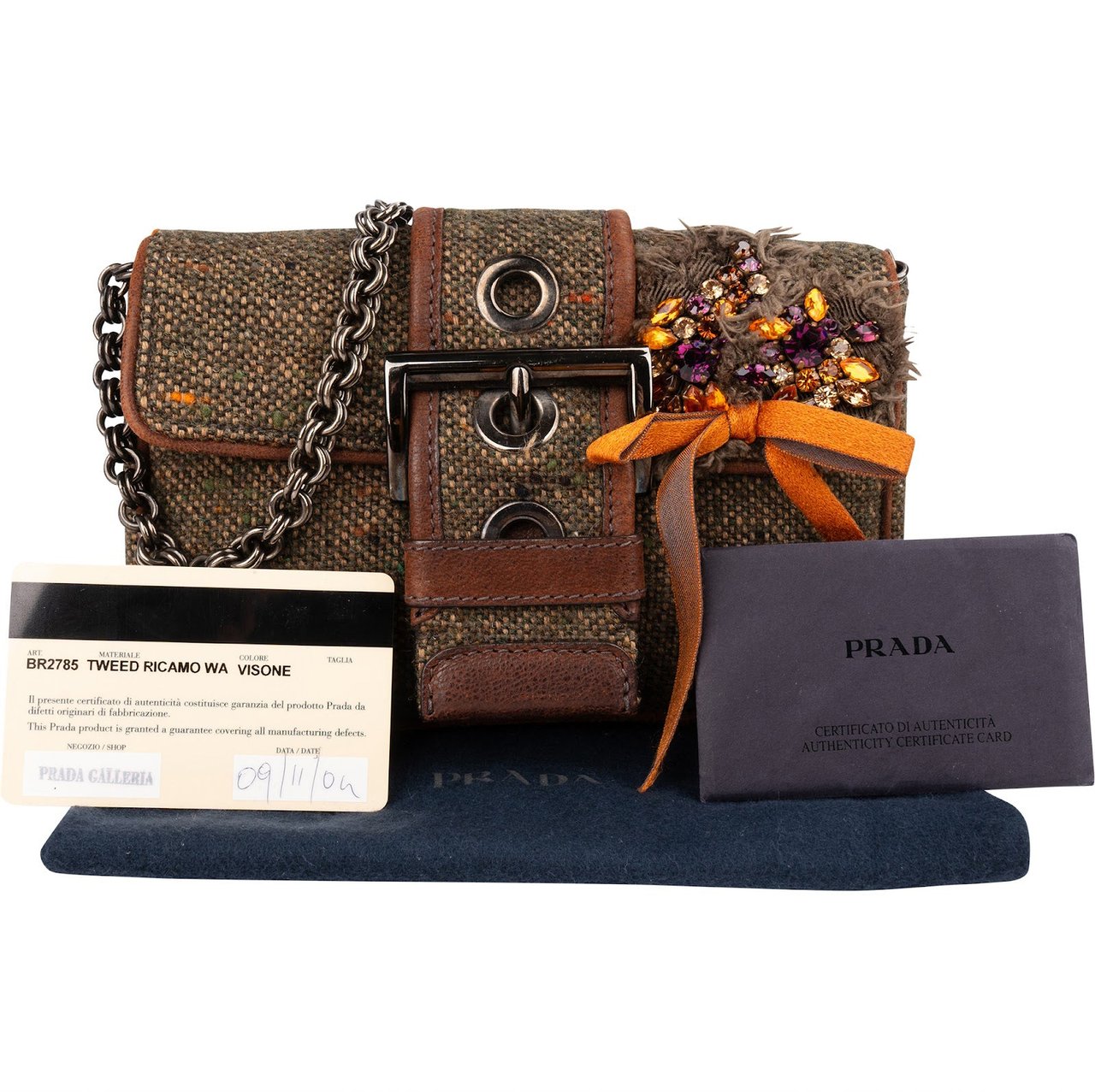 Prada Tweed Ricamo Visone Mini Flap Shoulder Bag Bruin