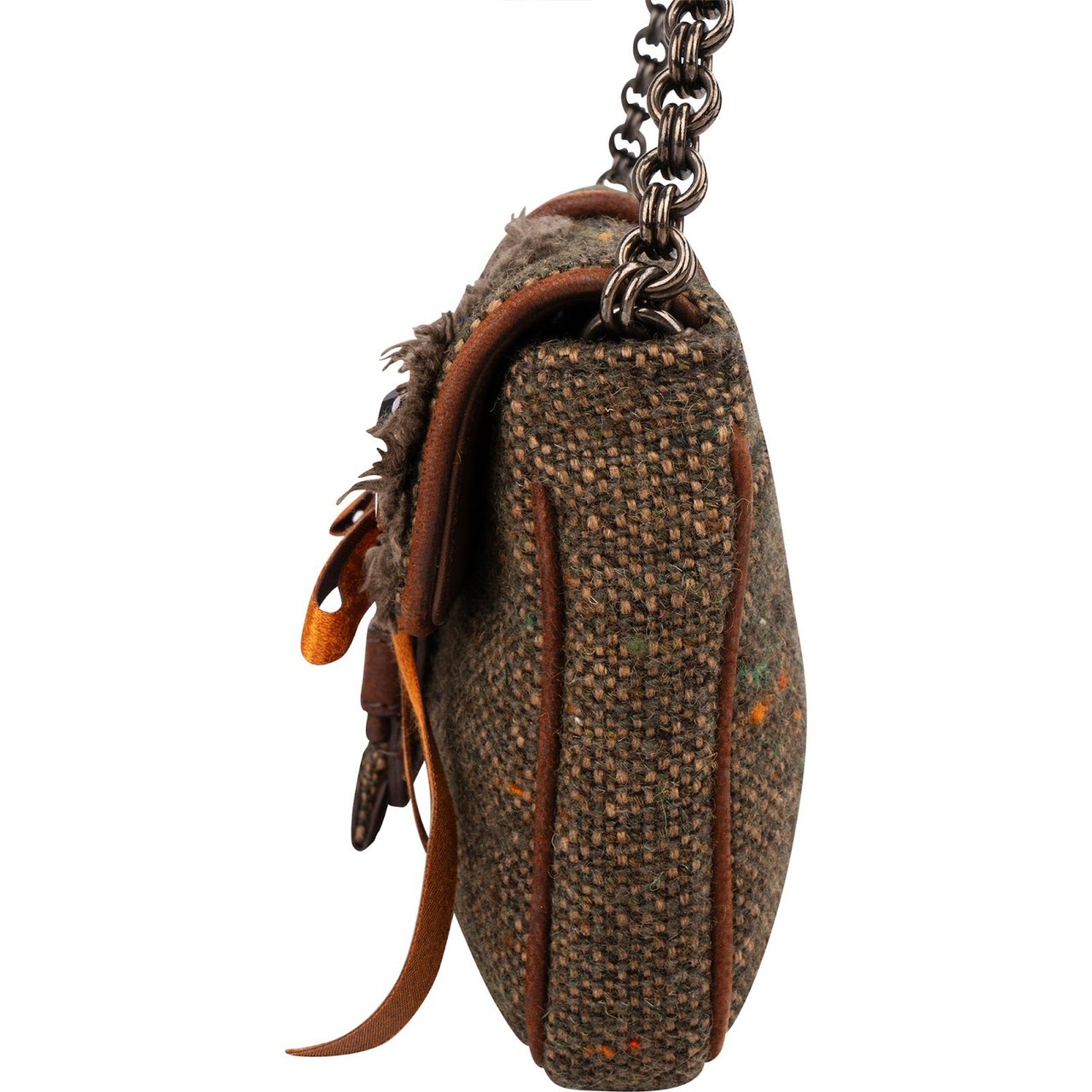 Prada Tweed Ricamo Visone Mini Flap Shoulder Bag Bruin