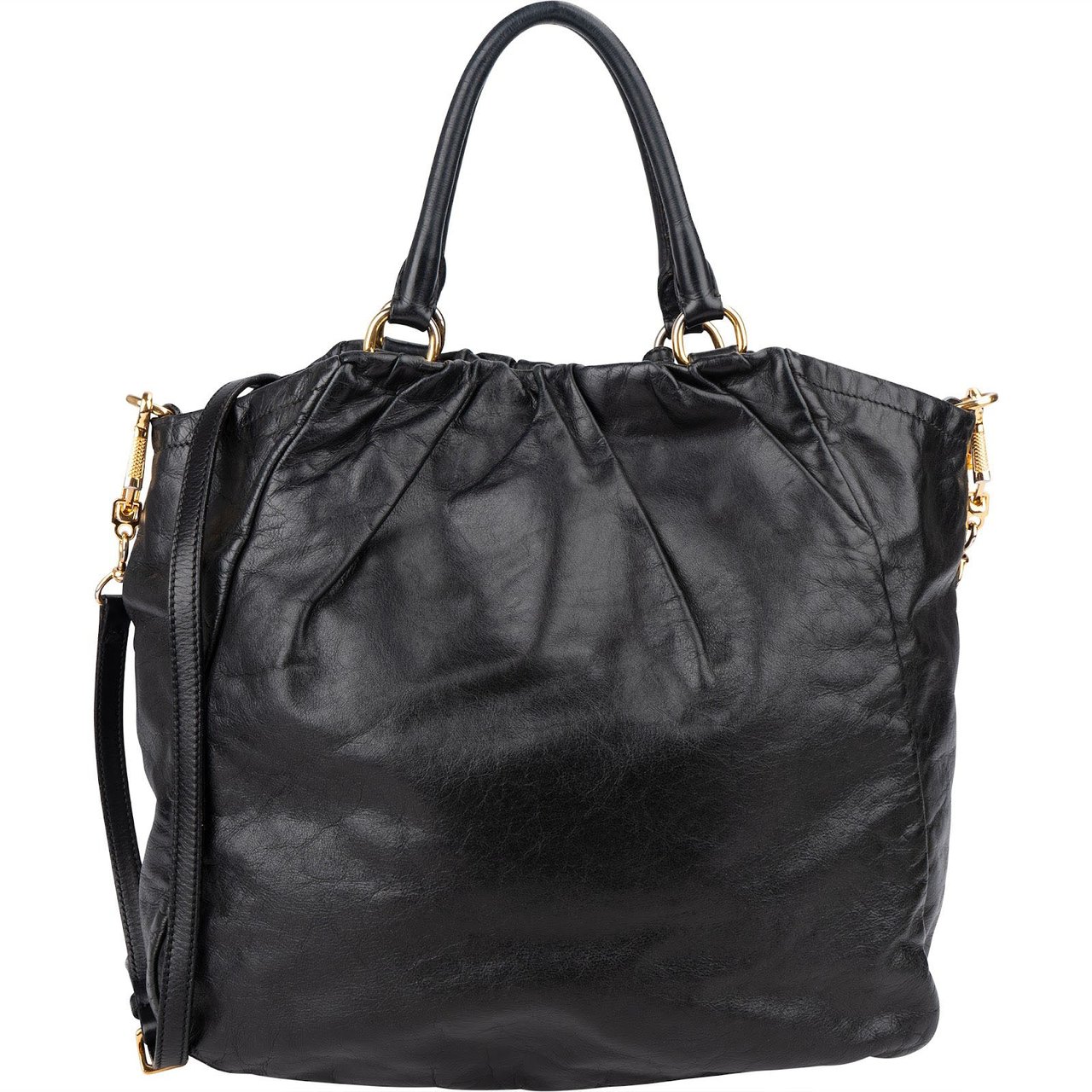 Prada Vitello Daino Leather Leather Tassel Tote Shoulder Bag Zwart