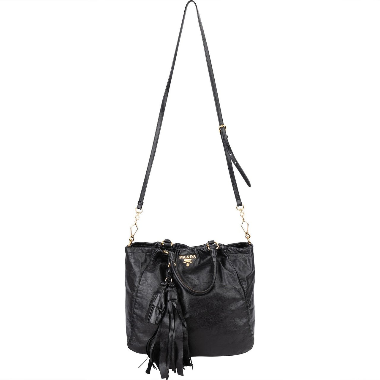 Prada Vitello Daino Leather Leather Tassel Tote Shoulder Bag Zwart