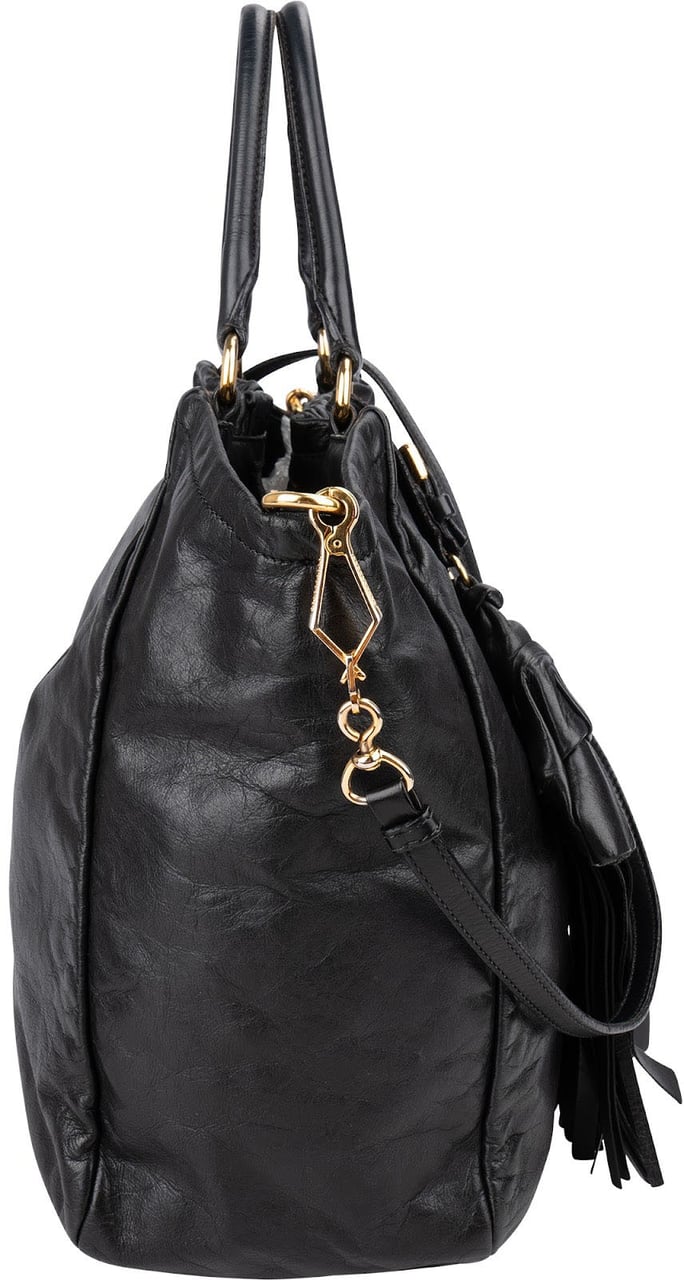 Prada Vitello Daino Leather Leather Tassel Tote Shoulder Bag Zwart