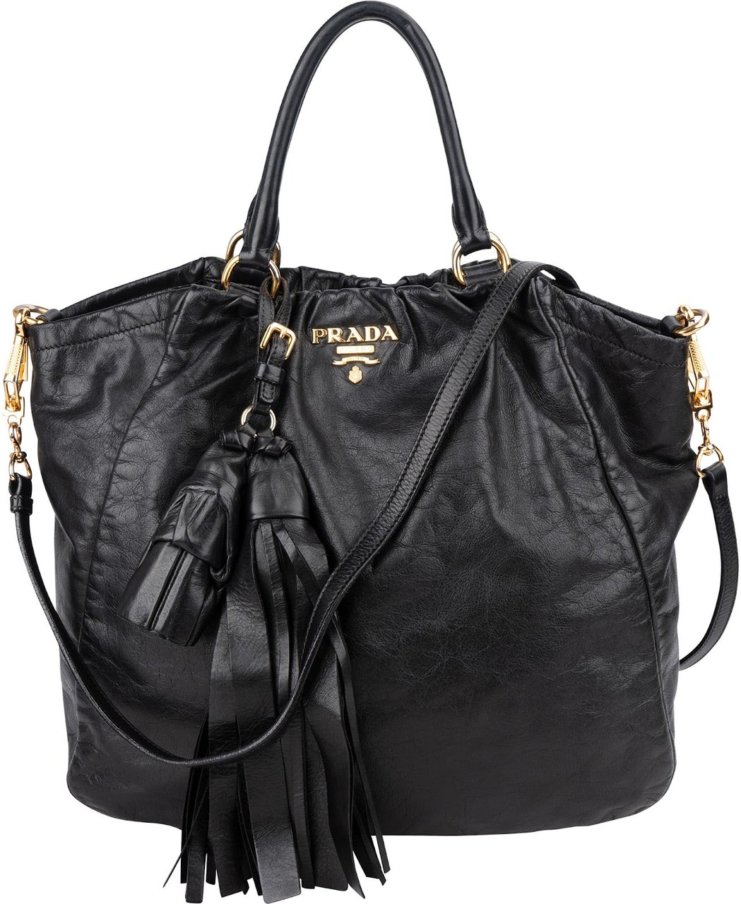 Prada Vitello Daino Leather Leather Tassel Tote Shoulder Bag Zwart