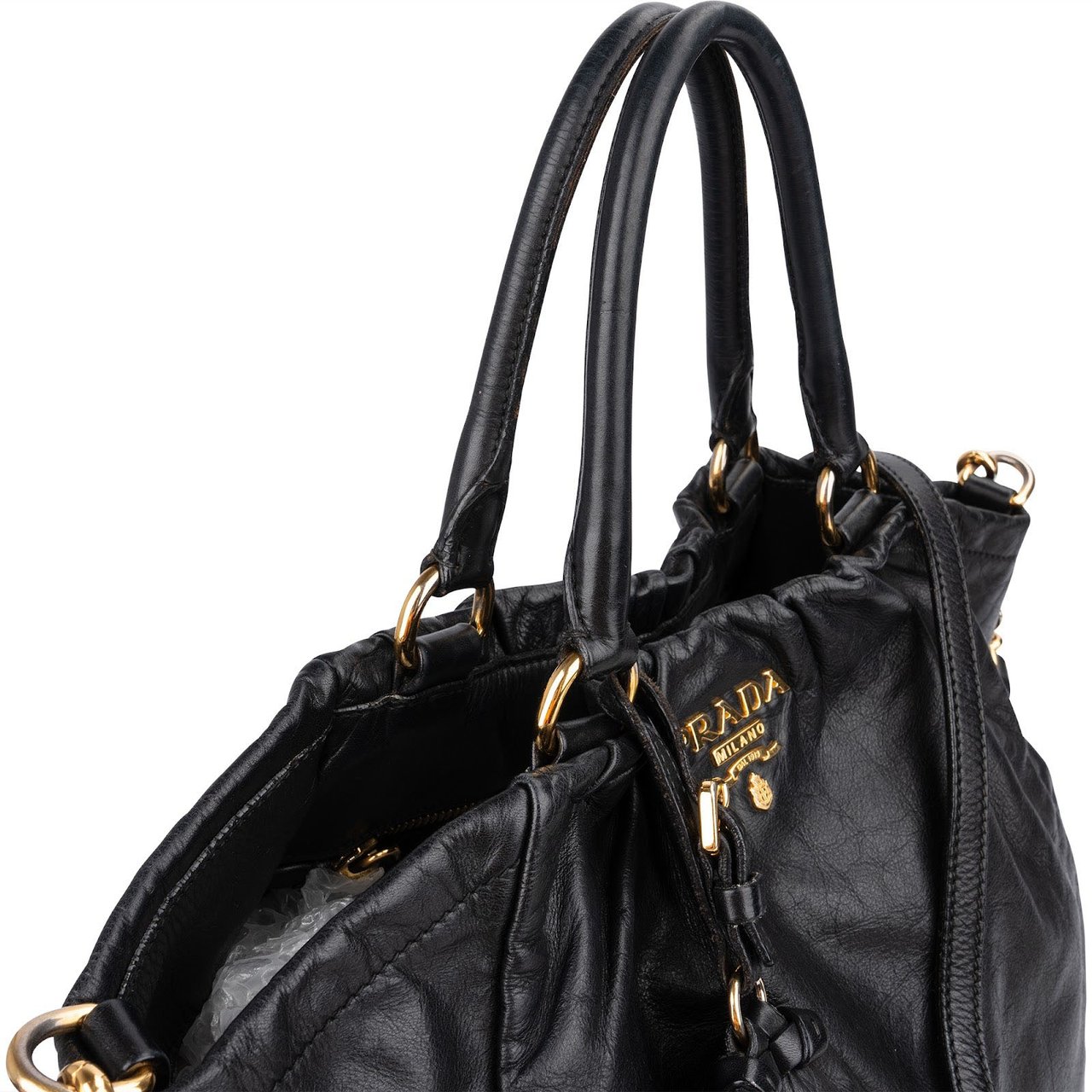 Prada Vitello Daino Leather Leather Tassel Tote Shoulder Bag Zwart