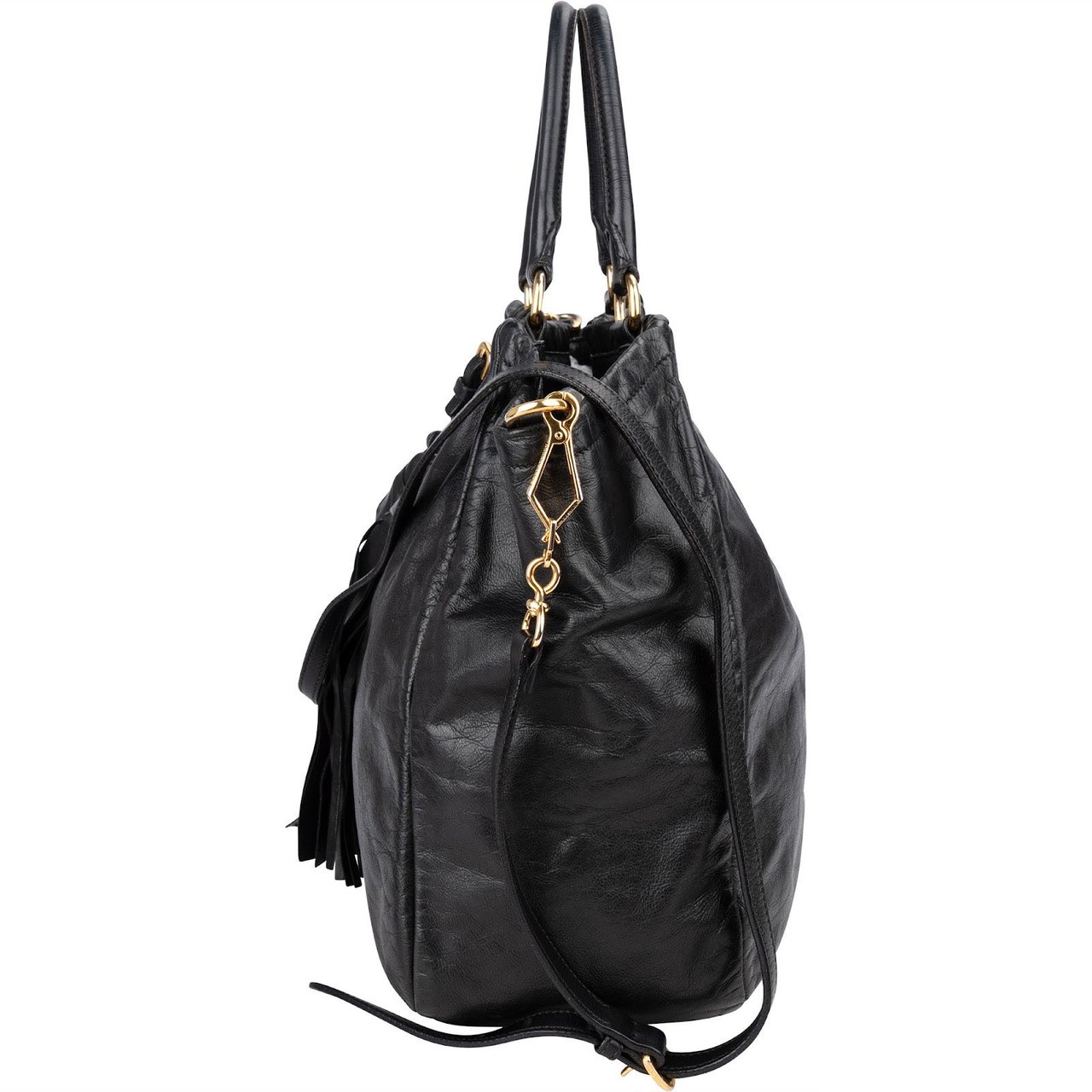 Prada Vitello Daino Leather Leather Tassel Tote Shoulder Bag Zwart